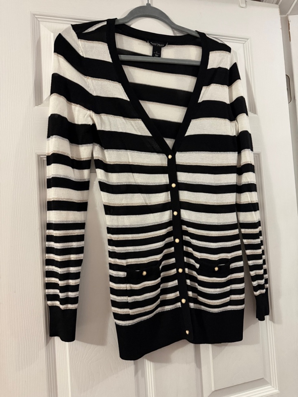 White House Black Market Black and White Striped Button-Front Cardigan Size S